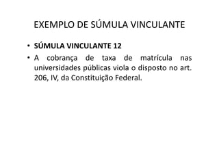 EXEMPLO DE SÚMULA VINCULANTE
• SÚMULA VINCULANTE 12
• A cobrança de taxa de matrícula nas
universidades públicas viola o disposto no art.
206, IV, da Constituição Federal.206, IV, da Constituição Federal.
 