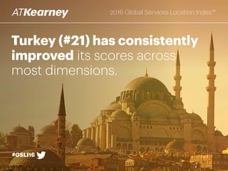 Turkey (#21) has consistently
improved its scores across
most dimensions.
#GSLI16
2016 Global Services Location Index™
 