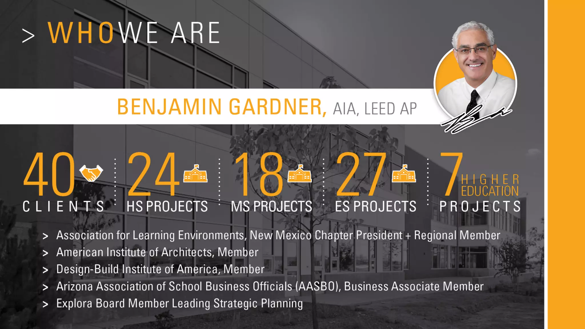 Who We Are
• Benjamin and Sanjay to introduce themselves
• Introduce D/P/S services + locations
• Benjamin has focused on educational design for the
past 15 years at Dekker/Perich/Sabatini. As a
Principal-in-Charge of K-12 Education, he leads
project teams through all phases of planning, design,
and construction administration. His project
experience informs Benjamin’s understanding of the
issues facing primary and secondary schools from
funding, to teaching models and classroom
technology, to constructability and innovation. He
believes that properly planned and well-designed
facilities play a vital role in successfully delivering
education.
 