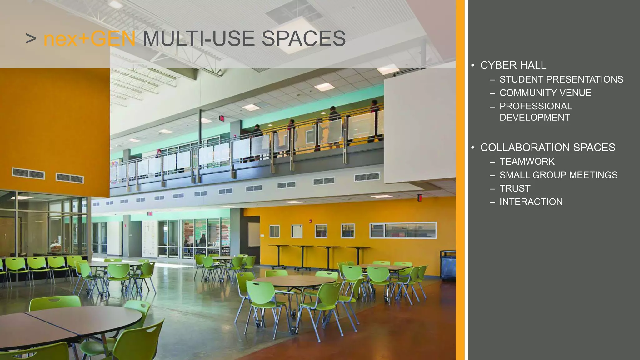 > nex+GEN MULTI-USE SPACES
• CYBER HALL
– STUDENT PRESENTATIONS
– COMMUNITY VENUE
– PROFESSIONAL
DEVELOPMENT
• COLLABORATION SPACES
– TEAMWORK
– SMALL GROUP MEETINGS
– TRUST
– INTERACTION
 