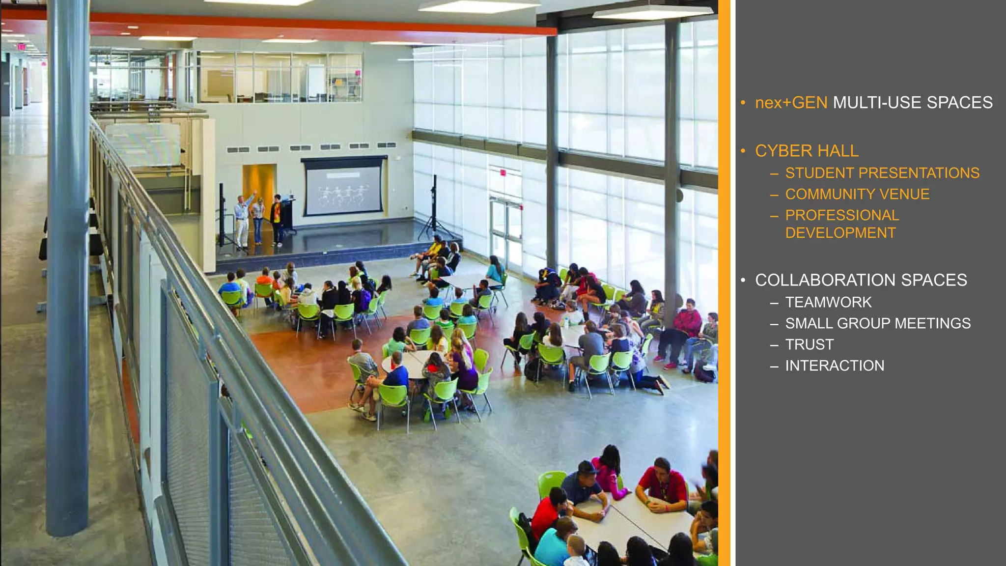 • nex+GEN MULTI-USE SPACES
• CYBER HALL
– STUDENT PRESENTATIONS
– COMMUNITY VENUE
– PROFESSIONAL
DEVELOPMENT
• COLLABORATION SPACES
– TEAMWORK
– SMALL GROUP MEETINGS
– TRUST
– INTERACTION
 