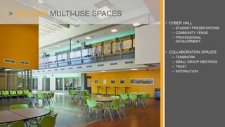 > nex+GEN MULTI-USE SPACES
• CYBER HALL
– STUDENT PRESENTATIONS
– COMMUNITY VENUE
– PROFESSIONAL
DEVELOPMENT
• COLLABORATION SPACES
– TEAMWORK
– SMALL GROUP MEETINGS
– TRUST
– INTERACTION
 