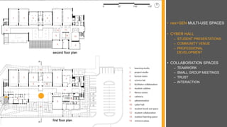 • nex+GEN MULTI-USE SPACES
• CYBER HALL
– STUDENT PRESENTATIONS
– COMMUNITY VENUE
– PROFESSIONAL
DEVELOPMENT
• COLLABORATION SPACES
– TEAMWORK
– SMALL GROUP MEETINGS
– TRUST
– INTERACTION
 