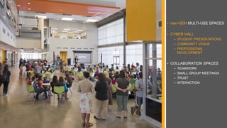 • nex+GEN MULTI-USE SPACES
• CYBER HALL
– STUDENT PRESENTATIONS
– COMMUNITY VENUE
– PROFESSIONAL
DEVELOPMENT
• COLLABORATION SPACES
– TEAMWORK
– SMALL GROUP MEETINGS
– TRUST
– INTERACTION
 