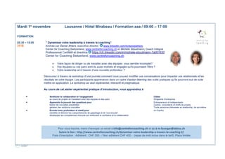 29
Jeudi 27 octobre Lausanne / Hôtel Mirabeau / 3 espaces / 10:00 – 17:00
MATINALE “Titre à venir“
10:00 – 12:00 Joëlle Cornuz, fondatrice et directrice, https://ch.linkedin.com/in/joellecornuz, Particule Z
B/F http://www.particule-z.ch
BCL aaa “Medair ft Nicolas Cuendet“
B/F
Cercle “Impact du digital sur les entreprises”, partie 2
15:00 – 17:00 Stéphane Gauthier, directeur associé, Les Digivores, https://www.linkedin.com/in/sgmarketingtechnologist
B/F https://www.lesdigivores.ch/
Identifier les outils du digital et leur valeur ajoutée pour les intégrer à votre stratégie d’entreprise. Stéphane Gauthier
vous propose une présentation suivi d’un petit pratique pratique et étude de cas.
 