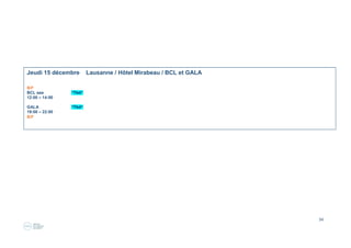 34
Jeudi 1e
décembre Lausanne / Hôtel Mirabeau / 3 espaces / 10:00 – 17:00
MATINALE “Réginal Maître“
10:00 – 12:00
B/F
BCL aaa Philippe Ambuhl, directeur du « Le Repuis », & Michel Brauchi ?
12:15 – 14:00
Cercle “Les avantages du Social Selling sur LinkedIn pour développer ses affaires ou trouver un emploi”
15:00 – 17:00 Animé Raquel Meylan, career coaching & LinkedIn consulting &training
B/F https://ch.linkedin.com/in/raquelmeylan,  Linked-Initiatives Ltd, fondatrice, www.linked-initiatives.com 
      Comment vendre ou se vendre sur LinkedIn ? Coach de carrière pour cadres et pros en transition.
Experte LinkedIn et ex- commerciale, optimisation profil et présence, formation commerciaux pour trouver leads
sur LinkedIn.
 
Jeudi 8 décembre Lausanne / Hôtel Mirabeau / 3 espaces / 10:00 – 17:00
MATINALE “Tbd“
10:00 – 12:00 Daniel Cazes, directeur, Jobtrek, www.jobtrek
Job Trek est une fondation suisse qui offre aux jeunes en difficulté professionnelle une nouvelle perspective.
En tant que pont entre réalités sociales et monde économique, elle met sur pied des stages de longue durée
dans son réseau d’entreprises, ainsi que du coaching et du rattrapage scolaire. Jobtrek est une mesure d'insertion
reconnue par le canton de Vaud.
B/F
BCL aaa Alexandrine Meunier, Association Morija
12:00 – 14:00
Cercle “Tbd“
15:00 – 17:00
B/F
 
