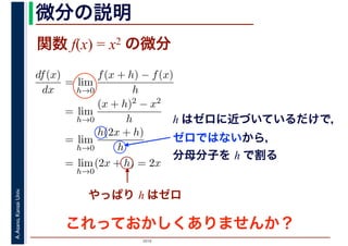 2016
A.Asano,KansaiUniv. 微分の説明
h はゼロに近づいているだけで，
ゼロではないから，
分母分子を h で割る
df(x)
dx
= lim
h→0
f(x + h) − f(x)
h
= lim
h→0
(x + h)2 − x2
h
= lim
h→0
h(2x + h)
h
= lim
h→0
(2x + h) = 2x
やっぱり h はゼロ
これっておかしくありませんか？
関数 f(x) = x2 の微分
 