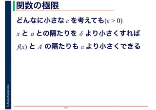 2016
A.Asano,KansaiUniv. 関数の極限
どんなに小さな ε を考えても(ε > 0)
x と a との隔たりを δ より小さくすれば
f(x) と A の隔たりも ε より小さくできる
 