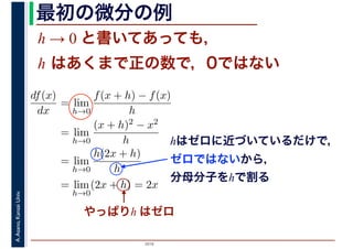 2016
A.Asano,KansaiUniv. 最初の微分の例
h → 0 と書いてあっても，
h はあくまで正の数で，0ではない
hはゼロに近づいているだけで，
ゼロではないから，
分母分子をhで割る
df(x)
dx
= lim
h→0
f(x + h) − f(x)
h
= lim
h→0
(x + h)2 − x2
h
= lim
h→0
h(2x + h)
h
= lim
h→0
(2x + h) = 2x
やっぱりh はゼロ
 