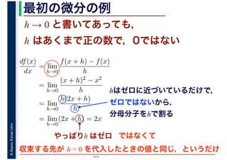 2016
A.Asano,KansaiUniv. 最初の微分の例
h → 0 と書いてあっても，
h はあくまで正の数で，0ではない
hはゼロに近づいているだけで，
ゼロではないから，
分母分子をhで割る
df(x)
dx
= lim
h→0
f(x + h) − f(x)
h
= lim
h→0
(x + h)2 − x2
h
= lim
h→0
h(2x + h)
h
= lim
h→0
(2x + h) = 2x
やっぱりh はゼロ ではなくて
収束する先が h = 0 を代入したときの値と同じ，というだけ
 