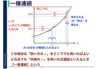 2016
A.Asano,KansaiUniv. 一様連続
x
δδ
ε
εf(b)
a
f(x)が
f(a)の上下εの範囲に
入るには
xがaの左右δの範囲に入ればよい
f(a)
ε
ε
δδ
b
同じεでも
求められる
δの「狭さ」は
異なる
この場合は「狭い方の δ 」をどこででも用いればよい
どの点でも「共通の δ 」を用いれば連続といえるとき
［一様連続］という
 