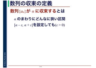 2016
A.Asano,KansaiUniv. 数列の収束の定義
数列{an}が α に収束するとは
α のまわりにどんなに狭い区間
[α – ε, α + ε]を設定しても(ε > 0)
 