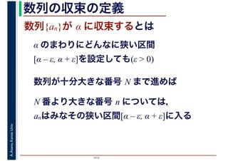 2016
A.Asano,KansaiUniv. 数列の収束の定義
数列{an}が α に収束するとは
α のまわりにどんなに狭い区間
[α – ε, α + ε]を設定しても(ε > 0)
数列が十分大きな番号 N まで進めば
N 番より大きな番号 n については，
anはみなその狭い区間[α – ε, α + ε]に入る
 