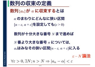 2016
A.Asano,KansaiUniv. 数列の収束の定義
数列{an}が α に収束するとは
∀ε > 0, ∃N; n > N ⇒ |an − α| < ε
α のまわりにどんなに狭い区間
[α – ε, α + ε]を設定しても(ε > 0)
数列が十分大きな番号 N まで進めば
N 番より大きな番号 n については，
anはみなその狭い区間[α – ε, α + ε]に入る
ε – N 論法
 