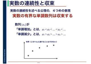 2016
A.Asano,KansaiUniv. 実数の連続性と収束
実数の有界な単調数列は収束する
有界（このへんに達することはできない）
実数の連続性を述べる公理の，４つめの表現
数列{an}が
「単調増加」とは，a1 < a2 < … < an < …
「単調減少」とは，a1 > a2 > … > an > …
 