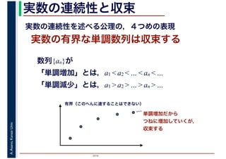 2016
A.Asano,KansaiUniv. 実数の連続性と収束
実数の有界な単調数列は収束する
有界（このへんに達することはできない）
実数の連続性を述べる公理の，４つめの表現
単調増加だから
つねに増加していくが，
収束する
数列{an}が
「単調増加」とは，a1 < a2 < … < an < …
「単調減少」とは，a1 > a2 > … > an > …
…
 