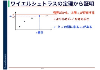 2016
A.Asano,KansaiUniv. ワイエルシュトラスの定理から証明
有界だから，上限 α が存在する
…α
α′
α より小さい α′ を考えると
α′ と α の間に来る an がある
an
n 番目
 