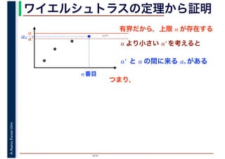 2016
A.Asano,KansaiUniv. ワイエルシュトラスの定理から証明
有界だから，上限 α が存在する
…α
α′
α より小さい α′ を考えると
α′ と α の間に来る an がある
an
n 番目
つまり，
 