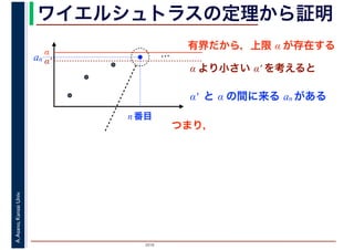 2016
A.Asano,KansaiUniv. ワイエルシュトラスの定理から証明
有界だから，上限 α が存在する
…α
α′
α より小さい α′ を考えると
α′ と α の間に来る an がある
an
n 番目
つまり，
 