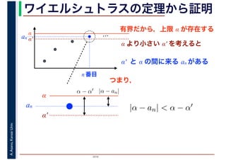 2016
A.Asano,KansaiUniv. ワイエルシュトラスの定理から証明
有界だから，上限 α が存在する
…α
α′
α より小さい α′ を考えると
α′ と α の間に来る an がある
an
n 番目
α
α′
an
|α − an|α − α′
|α − an| < α − α′
つまり，
 