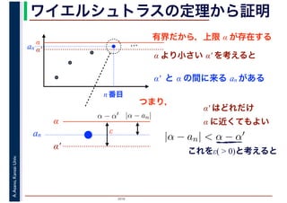2016
A.Asano,KansaiUniv. ワイエルシュトラスの定理から証明
有界だから，上限 α が存在する
…α
α′
α より小さい α′ を考えると
α′ と α の間に来る an がある
an
n 番目
α
α′
an
|α − an|α − α′
|α − an| < α − α′
α′ はどれだけ
α に近くてもよい
これをε( > 0)と考えると
ε
つまり，
 