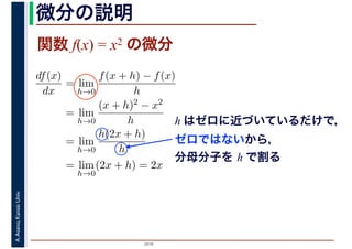2016
A.Asano,KansaiUniv. 微分の説明
h はゼロに近づいているだけで，
ゼロではないから，
分母分子を h で割る
df(x)
dx
= lim
h→0
f(x + h) − f(x)
h
= lim
h→0
(x + h)2 − x2
h
= lim
h→0
h(2x + h)
h
= lim
h→0
(2x + h) = 2x
関数 f(x) = x2 の微分
 