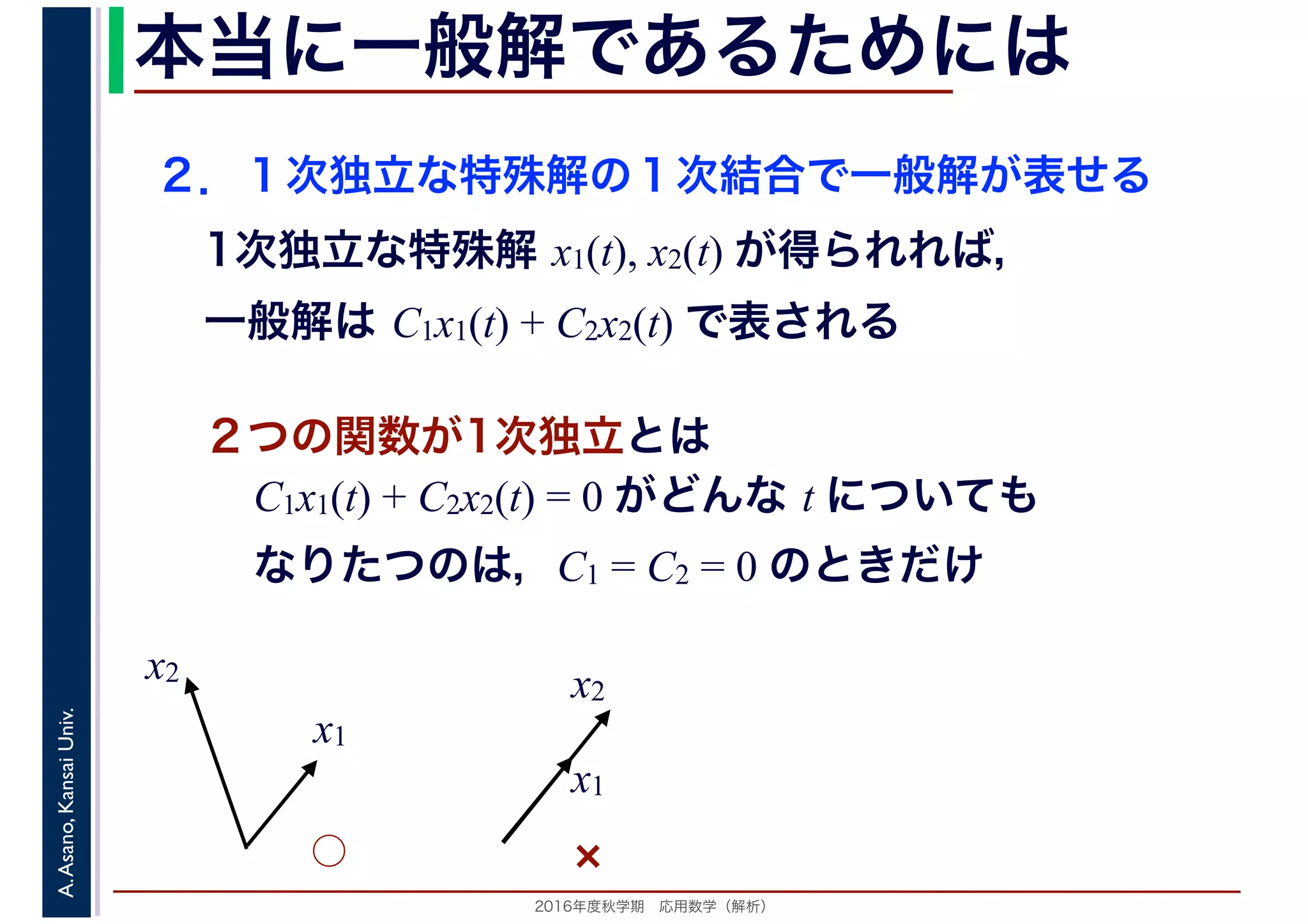 2016年度秋学期　応用数学（解析）
A.Asano,KansaiUniv. 本当に一般解であるためには
２．１次独立な特殊解の１次結合で一般解が表せる
1次独立な特殊解 x1(t), x2(t) が得られれば，
一般解は C1x1(t) + C2x2(t) で表される
２つの関数が1次独立とは
C1x1(t) + C2x2(t) = 0 がどんな t についても
なりたつのは，C1 = C2 = 0 のときだけ
x1
x2
x1
x2
◯ ×
 