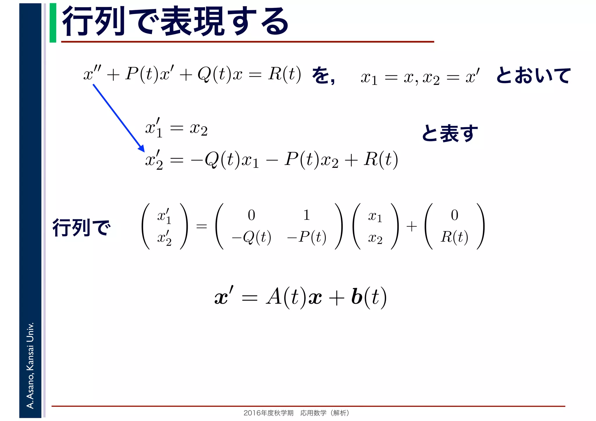 2016年度秋学期　応用数学（解析）
A.Asano,KansaiUniv. 行列で表現する
を， とおいてx′′
+ P(t)x′
+ Q(t)x = R(t) x1 = x, x2 = x′
x′
1 = x2
x′
2 = −Q(t)x1 − P(t)x2 + R(t)
と表す
x′
1
x′
2
=
0 1
−Q(t) −P(t)
x1
x2
+
0
R(t)
　
行列で
x′
= A(t)x + b(t)
 