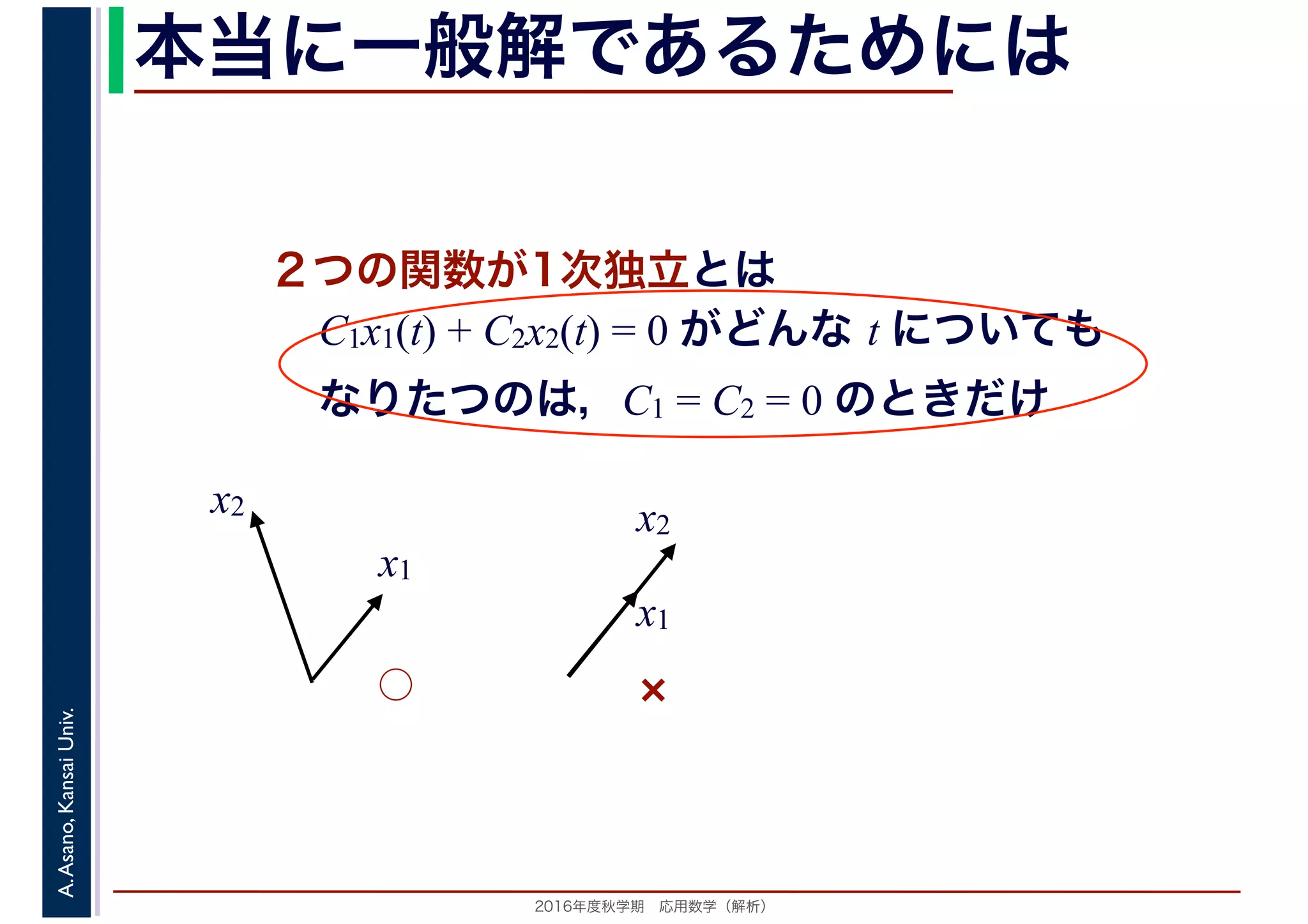 2016年度秋学期　応用数学（解析）
A.Asano,KansaiUniv. 本当に一般解であるためには
２つの関数が1次独立とは
C1x1(t) + C2x2(t) = 0 がどんな t についても
なりたつのは，C1 = C2 = 0 のときだけ
x1
x2
x1
x2
◯ ×
 