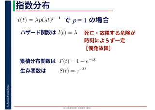 2016年度秋学期　応用数学（解析）
A.Asano,KansaiUniv. 指数分布
で p = 1 の場合l(t) = λp(λt)p−1
死亡・故障する危険が
時刻によらず一定
［偶発故障］
ハザード関数は l(t) = λ
累積分布関数は F(t) = 1 − e−λt
S(t) = e−λt
生存関数は
 