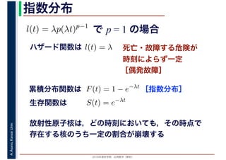 2016年度秋学期　応用数学（解析）
A.Asano,KansaiUniv. 指数分布
で p = 1 の場合l(t) = λp(λt)p−1
死亡・故障する危険が
時刻によらず一定
［偶発故障］
ハザード関数は l(t) = λ
［指数分布］累積分布関数は F(t) = 1 − e−λt
S(t) = e−λt
生存関数は
放射性原子核は，どの時刻においても，その時点で
存在する核のうち一定の割合が崩壊する
 