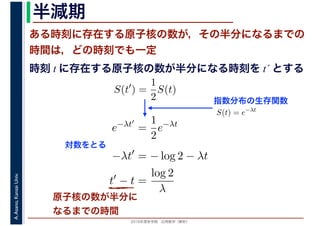 2016年度秋学期　応用数学（解析）
A.Asano,KansaiUniv. 半減期
ある時刻に存在する原子核の数が，その半分になるまでの
時間は，どの時刻でも一定
原子核の数が半分に
なるまでの時間
指数分布の生存関数
時刻 t に存在する原子核の数が半分になる時刻を t´ とする
S(t′
) =
1
2
S(t)
S(t) = e−λt
e−λt′
=
1
2
e−λt
−λt′
= − log 2 − λt
t′
− t =
log 2
λ
対数をとる
 