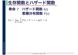 2016年度秋学期　応用数学（解析）
A.Asano,KansaiUniv. 生存関数とハザード関数
l(t) = lim
∆→0
1
∆
P(t < T < t + ∆|T > t)
寿命 T ハザード関数 l(t)
累積分布関数 F(t)
 