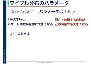 2016年度秋学期　応用数学（解析）
A.Asano,KansaiUniv. ワイブル分布のパラメータ
パラメータは λ と pl(t) = λp(λt)p−1
λ が大きいと，
ハザード関数が全体に大きくなる
死亡・故障する危険が
どの時刻でも大きくなる
p > 1 のときは，
 