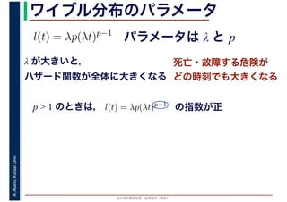 2016年度秋学期　応用数学（解析）
A.Asano,KansaiUniv. ワイブル分布のパラメータ
パラメータは λ と pl(t) = λp(λt)p−1
λ が大きいと，
ハザード関数が全体に大きくなる
死亡・故障する危険が
どの時刻でも大きくなる
p > 1 のときは， l(t) = λp(λt)p−1
の指数が正
 