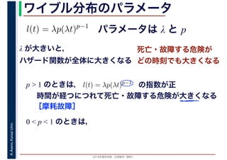 2016年度秋学期　応用数学（解析）
A.Asano,KansaiUniv. ワイブル分布のパラメータ
パラメータは λ と pl(t) = λp(λt)p−1
λ が大きいと，
ハザード関数が全体に大きくなる
死亡・故障する危険が
どの時刻でも大きくなる
p > 1 のときは， l(t) = λp(λt)p−1
の指数が正
時間が経つにつれて死亡・故障する危険が大きくなる
［摩耗故障］
0 < p < 1 のときは，
 