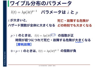 2016年度秋学期　応用数学（解析）
A.Asano,KansaiUniv. ワイブル分布のパラメータ
パラメータは λ と pl(t) = λp(λt)p−1
λ が大きいと，
ハザード関数が全体に大きくなる
死亡・故障する危険が
どの時刻でも大きくなる
p > 1 のときは， l(t) = λp(λt)p−1
の指数が正
時間が経つにつれて死亡・故障する危険が大きくなる
［摩耗故障］
0 < p < 1 のときは，l(t) = λp(λt)p−1
の指数が負
 