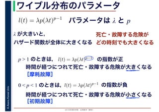 2016年度秋学期　応用数学（解析）
A.Asano,KansaiUniv. ワイブル分布のパラメータ
パラメータは λ と pl(t) = λp(λt)p−1
λ が大きいと，
ハザード関数が全体に大きくなる
死亡・故障する危険が
どの時刻でも大きくなる
p > 1 のときは， l(t) = λp(λt)p−1
の指数が正
時間が経つにつれて死亡・故障する危険が大きくなる
［摩耗故障］
0 < p < 1 のときは，l(t) = λp(λt)p−1
の指数が負
時間が経つにつれて死亡・故障する危険が小さくなる
［初期故障］
 