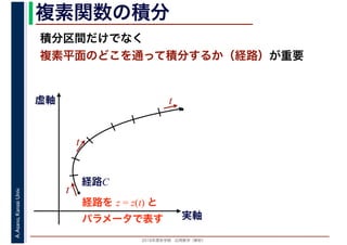 2016年度秋学期　応用数学（解析）
A.Asano,KansaiUniv. 複素関数の積分
積分区間だけでなく
複素平面のどこを通って積分するか（経路）が重要
実軸
虚軸
経路C
経路を z = z(t) と
パラメータで表す
t
t
t
 