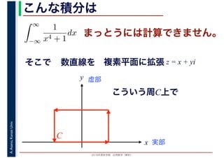 2016年度秋学期　応用数学（解析）
A.Asano,KansaiUniv. こんな積分は
まっとうには計算できません。
そこで
∞
−∞
1
x4 + 1
dx
1
x
数直線を
実部
y 虚部
複素平面に拡張 z = x + yi
こういう周C上で
C
 