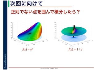 2016年度秋学期　応用数学（解析）
A.Asano,KansaiUniv. 次回に向けて
−1
−0.5
0
0.5
1
−1
−0.5
0
0.5
1
0
0.5
1
1.5
2
2.5
3
f(z) = ez f(z) = 1 / z
−1
−0.5
0
0.5
1
−1
−0.5
0
0.5
1
−20
−15
−10
−5
0
5
10
15
20
正則でない点を囲んで積分したら？
 