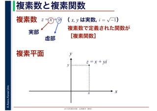 2016年度秋学期　応用数学（解析）
A.Asano,KansaiUniv. 複素数と複素関数
複素数で定義された関数が
［複素関数］
複素数
虚部
実部
z = x + yi i =
√
−1（ x, y は実数，　　　）
複素平面
x
y
・
z = x + yi
x
y
 