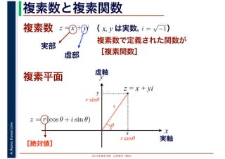 2016年度秋学期　応用数学（解析）
A.Asano,KansaiUniv. 複素数と複素関数
複素数で定義された関数が
［複素関数］
複素数
虚部
実部
z = x + yi i =
√
−1（ x, y は実数，　　　）
複素平面
実軸
x
y
虚軸
・
z = x + yi
x
y
r
θ
r cosθ
r sinθ
［絶対値］
z = r(cos θ + i sin θ)
 