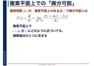 2016年度秋学期　応用数学（解析）
A.Asano,KansaiUniv. 複素平面上での「微分可能」
複素関数 f(z) が，複素平面上のある点 z で微分可能とは
複素平面上で
z + Δz が z にどのように近づいても，
極限値はひとつに定まる
f′
(z) =
df
dz
= lim
∆z→0
f(z + ∆z) − f(z)
∆z
　
 