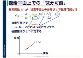 2016年度秋学期　応用数学（解析）
A.Asano,KansaiUniv. 複素平面上での「微分可能」
複素関数 f(z) が，複素平面上のある点 z で微分可能とは
複素平面上で
z + Δz が z にどのように近づいても，
極限値はひとつに定まる
f′
(z) =
df
dz
= lim
∆z→0
f(z + ∆z) − f(z)
∆z
　
実軸
虚軸
z
z + Δz
 