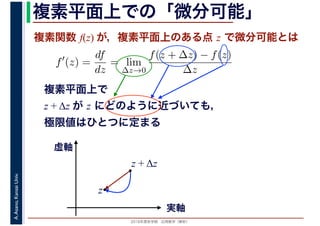 2016年度秋学期　応用数学（解析）
A.Asano,KansaiUniv. 複素平面上での「微分可能」
複素関数 f(z) が，複素平面上のある点 z で微分可能とは
複素平面上で
z + Δz が z にどのように近づいても，
極限値はひとつに定まる
f′
(z) =
df
dz
= lim
∆z→0
f(z + ∆z) − f(z)
∆z
　
実軸
虚軸
z
z + Δz
 