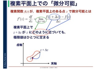 2016年度秋学期　応用数学（解析）
A.Asano,KansaiUniv. 複素平面上での「微分可能」
複素関数 f(z) が，複素平面上のある点 z で微分可能とは
複素平面上で
z + Δz が z にどのように近づいても，
極限値はひとつに定まる
f′
(z) =
df
dz
= lim
∆z→0
f(z + ∆z) − f(z)
∆z
　
実軸
虚軸
z
z + Δz
 