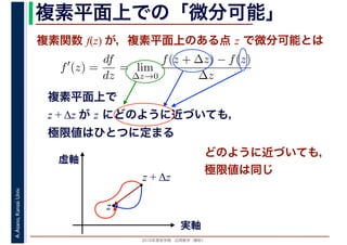 2016年度秋学期　応用数学（解析）
A.Asano,KansaiUniv. 複素平面上での「微分可能」
複素関数 f(z) が，複素平面上のある点 z で微分可能とは
複素平面上で
z + Δz が z にどのように近づいても，
極限値はひとつに定まる
f′
(z) =
df
dz
= lim
∆z→0
f(z + ∆z) − f(z)
∆z
　
実軸
虚軸
z
z + Δz
どのように近づいても，
極限値は同じ
 