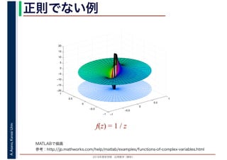 2016年度秋学期　応用数学（解析）
A.Asano,KansaiUniv. 正則でない例
f(z) = 1 / z
−1
−0.5
0
0.5
1
−1
−0.5
0
0.5
1
−20
−15
−10
−5
0
5
10
15
20
MATLABで描画
参考：http://jp.mathworks.com/help/matlab/examples/functions-of-complex-variables.html
 