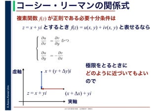 2016年度秋学期　応用数学（解析）
A.Asano,KansaiUniv. コーシー・リーマンの関係式
複素関数 f(z) が正則である必要十分条件は
z = x + yi とするとき f(z) = u(x, y) + iv(x, y) と表せるなら
(x + Δx) + yi
⎧
⎪⎪⎪⎪⎨
⎪⎪⎪⎪⎩
∂u
∂x
=
∂v
∂y
かつ
∂u
∂y
= −
∂v
∂x
x + (y + Δy)i
実軸
虚軸
z = x + yi
極限をとるときに
どのように近づいてもよい
ので
 